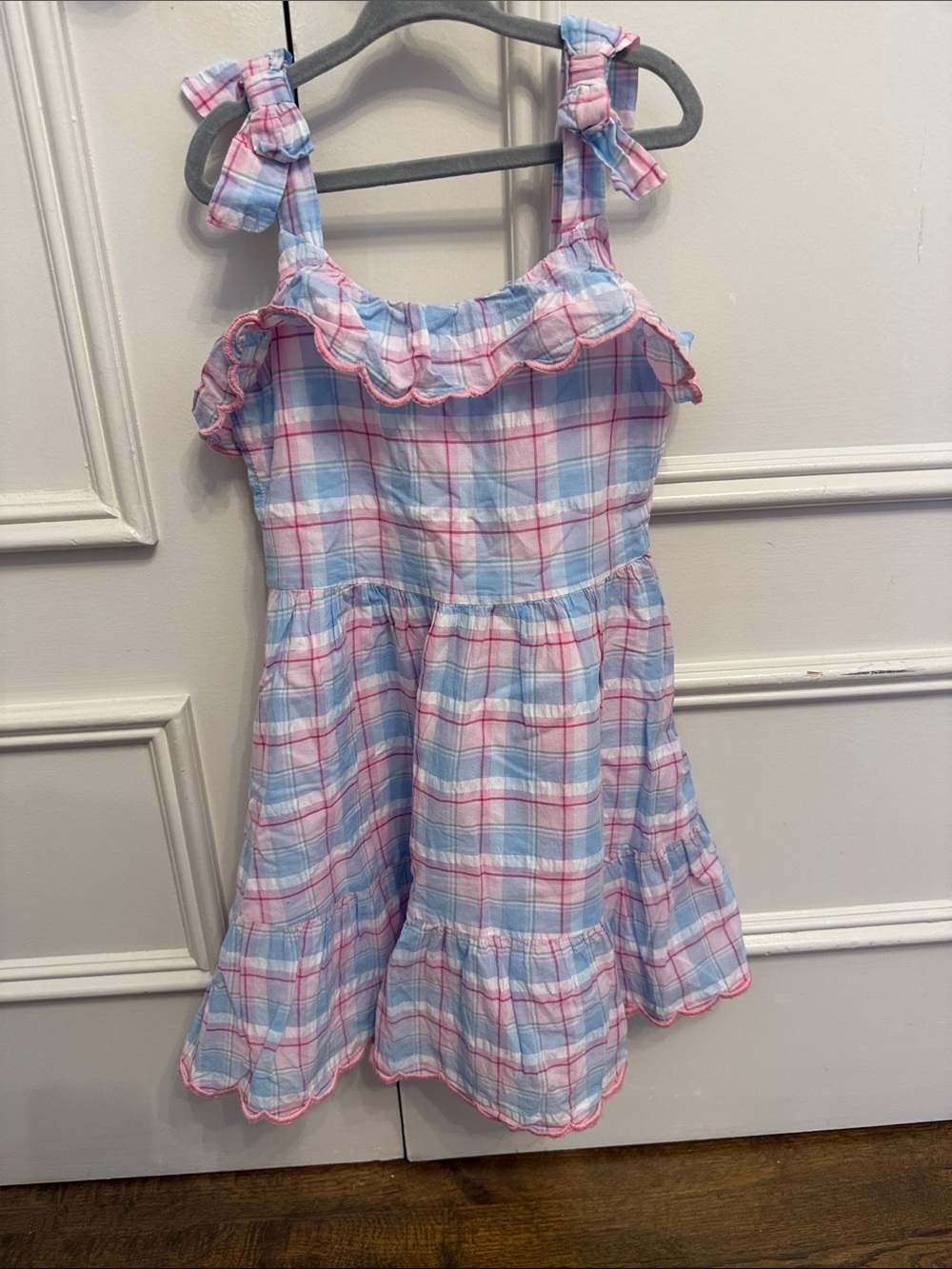 Janie and Jack Pink & Light Blue Plaid Ruffle Tie-Shoulder Dress